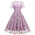 Vintage round neck purple mesh dress with exquisite floral embroidery and A-line silhouette - S / Purple