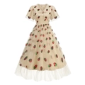Vestido vintage de malla con fresas de lentejuelas y escote en V de encaje beige suave - S / Albaricoque