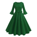 Elegante abito retrò verde scuro a trapezio con maniche a campana e cintura con fiocco - S / Verde Scuro