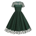 Vintage 1950s dark green polka dot cocktail dress with sheer mesh round neck and short sleeves - Dark Green