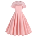 Vestido de cóctel rosa vintage línea A con cuello redondo de encaje y mangas con volantes - S / Rosa