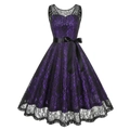 Vintage purple and black lace sleeveless 1950s A-line cocktail dress with a satin bow belt - S / Purple