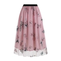 Roze mesh midi-rok met vintage borduursel van vlinders en bloemen en een hoge taille - S / Roze