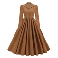 Détails de la robe vintage marron à manches longues avec col à revers et taille boutonnée - S / Kaki