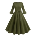 Elegante abito vintage verde militare a linea A con maniche a campana e fiocco - S / Verde Militare