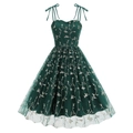 Vintage dark green bow strap dress with gold floral embroidery and layered mesh skirt - M / Dark Green