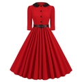 Detail of red vintage 1950s dress with black Peter Pan collar and waist belt - S / Red