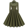 Detail of dark olive green vintage dress with bow neckline and buttoned bodice - S / Army Green