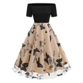 Retro off-shoulder party dress with mesh skirt featuring black butterfly embroidery - S / Butterfly