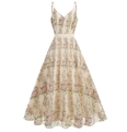 Detalle del bordado floral rosa en vestido largo de malla con escote en V vintage - S / Rosa Uva
