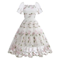 Vintage 50s white mesh floral embroidery puff sleeve cake dress with multi-layer tulle - White with Pink Flowers