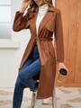 Cappotto lungo marrone in finta pelle scamosciata con risvolto e cintura da donna - S / Marrone Scuro