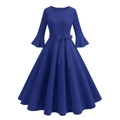 Elegante abito blu navy linea ad A con scollo rotondo, maniche a campana e cintura in vita - S / Blu
