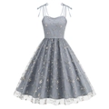 Macro shot of delicate floral embroidery on vintage mesh dress with soft tulle layering - S / Gray