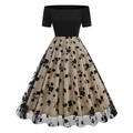 Elegant off-shoulder retro dress with black mesh floral skirt and slim bodice - S / Flower