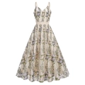 Vestido largo de malla con escote en V, bordado floral púrpura y tirantes finos - S / Púrpura Uva