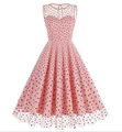 Robe rétro rose sans manches avec imprimé cœurs rouges et détails en tulle mesh - S / Petit Cœur Rouge