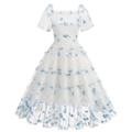 Vintage 50s white mesh dress with floral embroidery, square neck and puff sleeves - White with Blue Flowers
