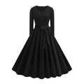 Dettaglio di un abito nero con scollo a V, maniche lunghe e fiocco in vita elegante - Taglia S / Nero
