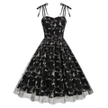 Retro black A-line midi dress with floral embroidery and delicate bow straps - S / Black