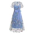 Two-piece French vintage dress set with floral embroidery and a blue satin waist bow - S / Blue