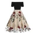 Elegant off-shoulder retro dress with black bodice and floral embroidered mesh skirt - S / Rose