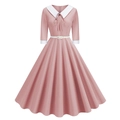 Close-up of pink vintage A-line dress featuring Peter Pan collar and white bow tie - S / Pink