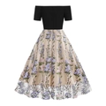 Elegant retro off-shoulder dress with black bodice and floral embroidered mesh skirt - S / Purple Grape