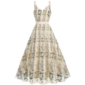 Vestido largo con cuello en V con exquisito bordado floral y finos tirantes de malla champán - S / Floral Blanco