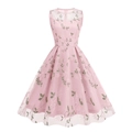 Rosa Retro-Netzkleid ohne Ärmel mit grüner Blumenstickerei und Rundhalsausschnitt - S / Grün-Pink auf Weiß