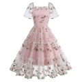 Pink floral embroidered mesh dress with square neck and layered tiered cake skirt - Pink with Pink Floral