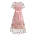 Pink vintage embroidered mesh two-piece dress with floral patterns and a waist bow - S / Pink