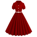 Detail of red vintage dress featuring retro lapel collar with white buttons and belt - S / Burgundy