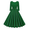 Detail view of green vintage dress with pleated skirt and slim waist belt accessory - S / Green