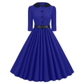 Close-up of vintage blue dress showing Peter Pan collar and pleated skirt details - S / Sapphire Blue