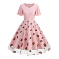Vestido de cóctel rosa con escote en V, mangas de volante y bordado de fresas con lentejuelas - S / Fresa Rosa