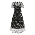 Two-piece vintage French dress with floral embroidery and satin waist tie belt - S / Black