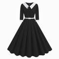 Détail de la robe noire élégante avec col blanc contrastant et ceinture à la taille - S / Noir