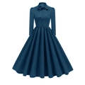Robe élégante bleu marine à manches longues avec nœud vintage et jupe plissée en ligne A - S / Bleu foncé