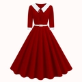 Détail d'une robe trapèze vintage rouge avec col à revers blanc et manches mi-longues - S / Bordeaux
