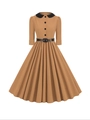 Vintage camel midi dress with black Peter Pan collar, buttons and matching belt - S / Khaki