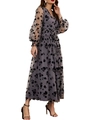 Détail d'une robe longue en tulle gris à col en V avec broderie florale noire et nœud - S / Gris