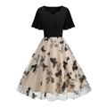 Vintage Hepburn style V-neck cocktail dress with butterfly embroidery and mesh skirt - Black Butterfly
