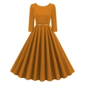 Dettaglio dell'abito arancione vintage linea A con maniche a 3/4 e gonna a pieghe - M / Giallo