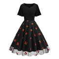 Retro black A-line dress with V-neck, butterfly sleeves and red cherry embroidery detail - Black Background Cherry
