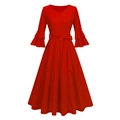 Detail van een rode retro V-hals jurk met gelaagde klokmouwen en een strik in de taille - S / Rood