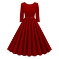 Detail of vintage high-waist wine red dress with pleated skirt and slim matching belt - S / Red