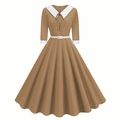 Détail du col Claudine contrasté avec petit nœud et poignets blancs sur robe vintage - S / Kaki