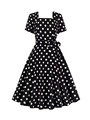 Retro black polka dot dress with square neck and elegant waist tie for women - S / Black