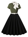 50s vintage dress with olive green bodice, white pussy-bow collar and black A-line skirt - S / Army Green